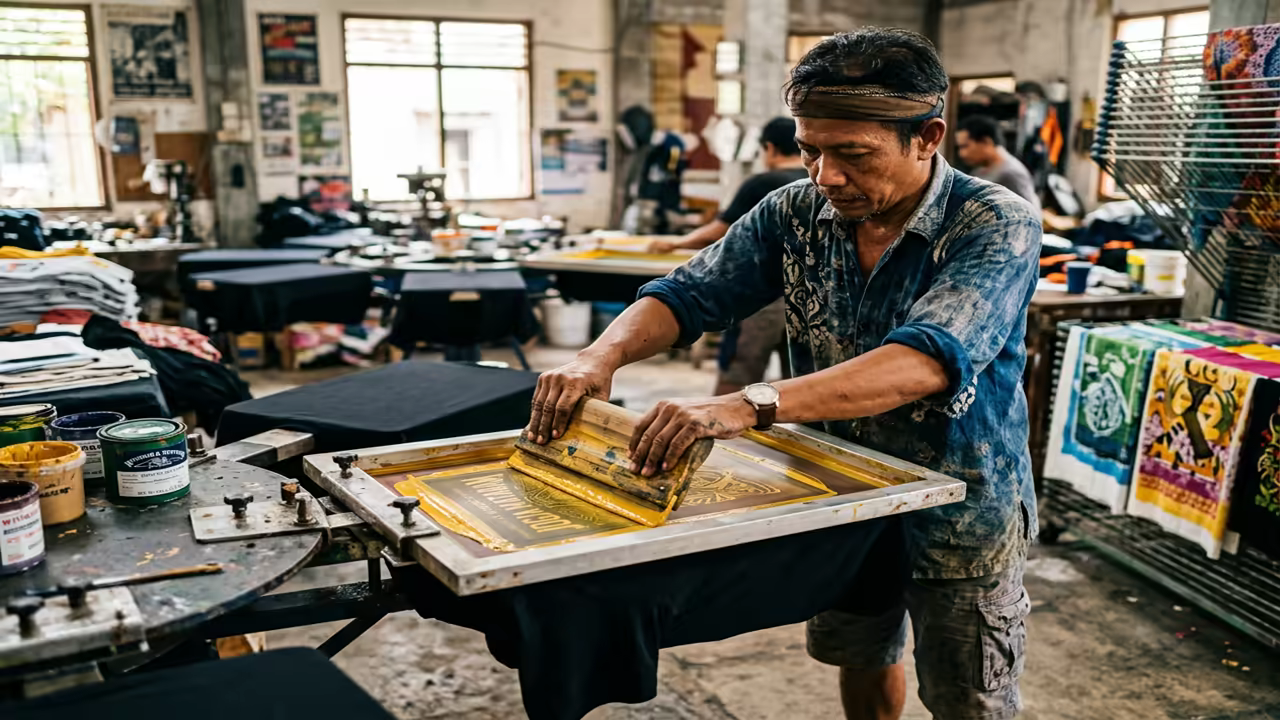 Aktivitas produksi meja sablon manual di workshop konveksi kaos plastisol Gamaliels Jogja